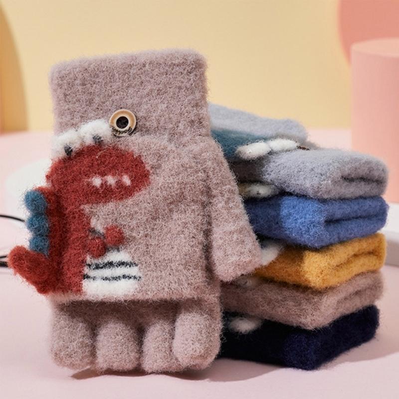 Convertible Gloves Winter Half Finger Mittens Stretchy Knit Half Finger Gloves with Soft Cover for Kids Teens Kawaii