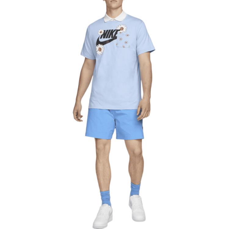 Nike Letter Floral Print Crew Neck Pullover Straight Cut Short Sleeve T-Shirt Men Tops Blue DM6429-548