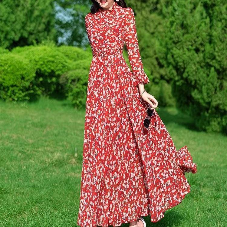 Floral Chiffon Long Sleeve Maxi Dress for Women - Spring/Autumn Slim Fit