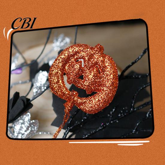 Matte Black Maple Leaves Branch Halloween Artificial Stem, Glitter Fake Twig with Pumpkin, Eyeball, Multi-branch Bouquet for Party, Indoor Table