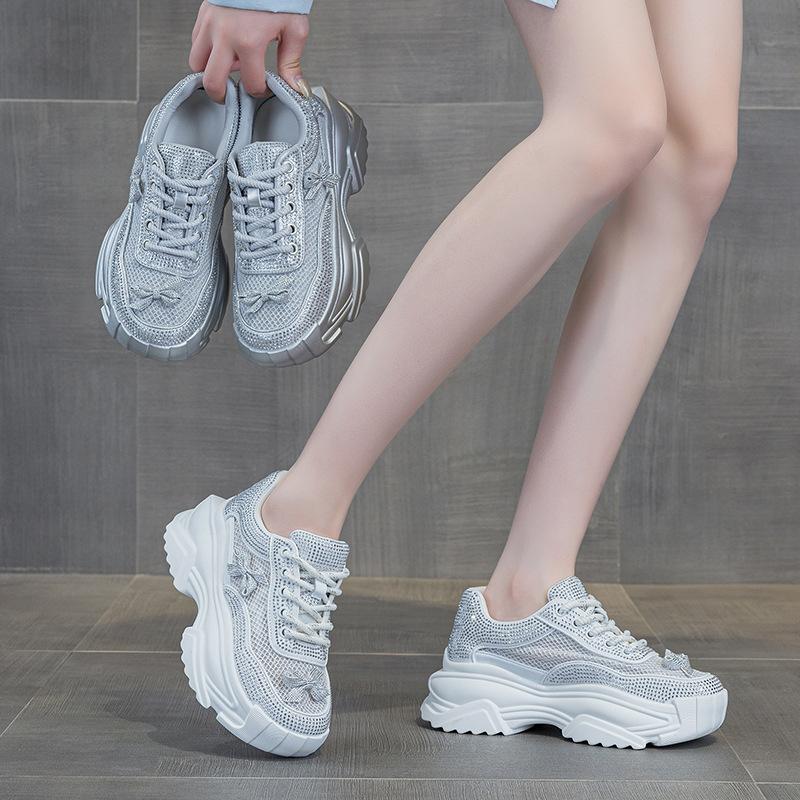 Platform dad shoes summer new breathable mesh rhinestone bow fashion versatile full diamond casual sports shoes women