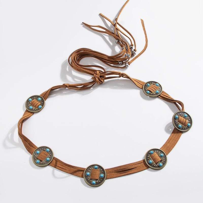 Nowy Styl Zachodni Koraliki Vintage Akcesoria Pasek Okrągły Boho Turkusowy Damski Sznurek na Talię