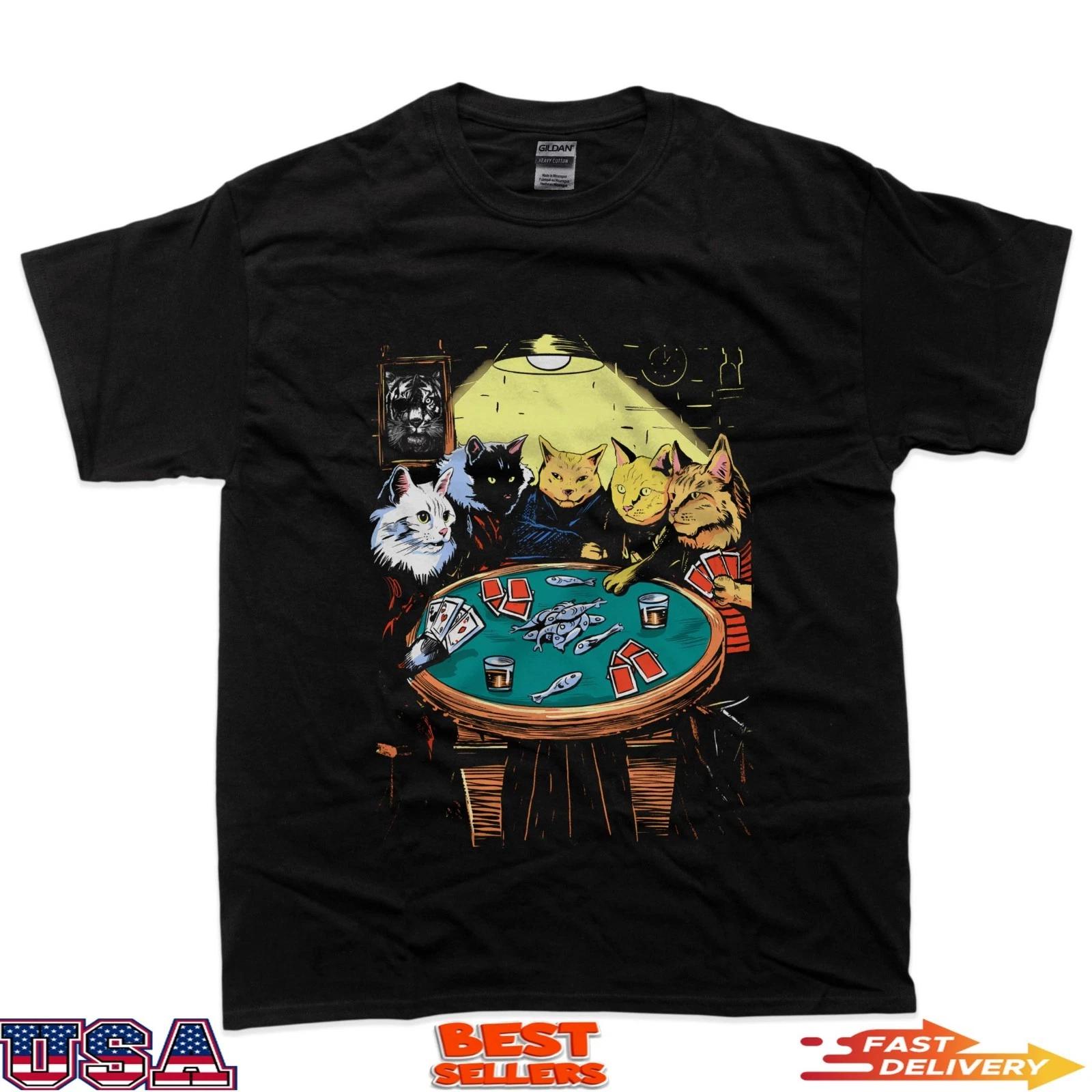 Cats Playing Poker Game Black T-Shirt 2XL