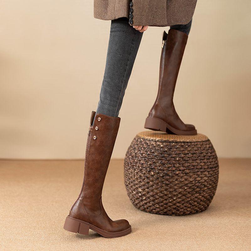 Fashion Middle Heel Leather Round Toe Long Boots for Women Autumn Winter Chic and Elegant Fashion 2025 Sale Knee High Shaft Shoes Woman