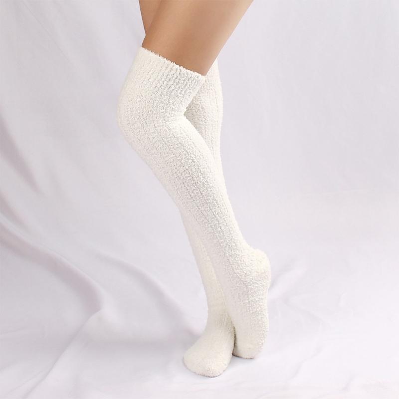 Womens Winter Leg Warmer Coral Fleece Thigh High Boot Socks Solid Color Ribbed Furry Warm Over the Knee Long Stockings