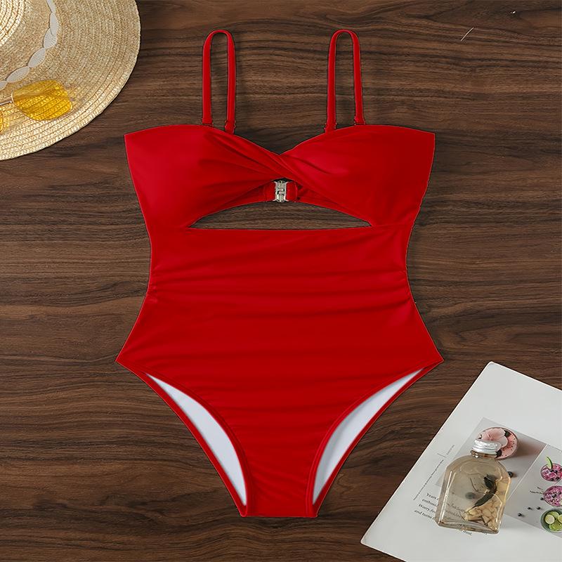 2024 Multicolor Strappy One-Piece Swimsuit: Women's Tummy Control Triangle Bikini with Hollow Out Design for Hot Spring Swimwear.