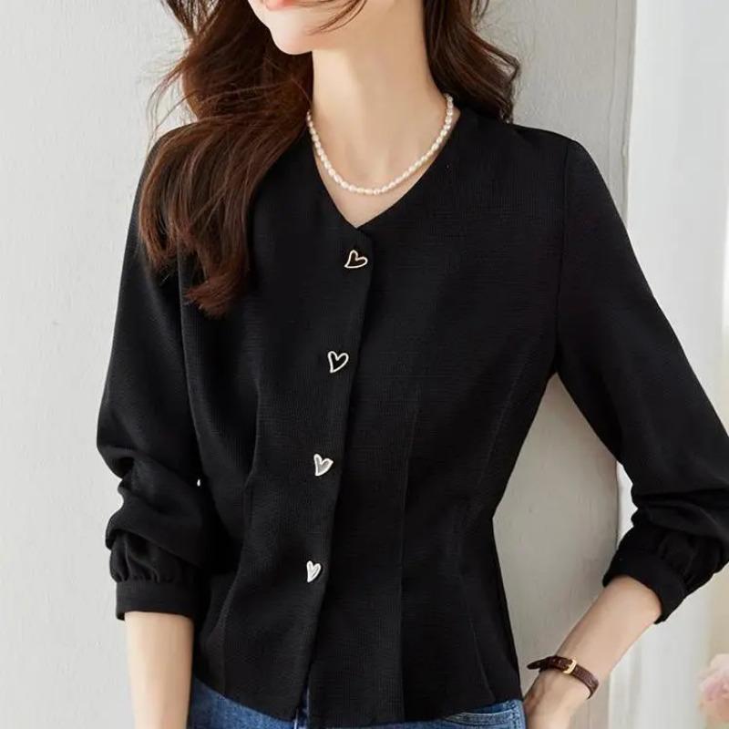 Black Shirt Women's Long-sleeved Autumn New Chic and Beautiful Shirt High-end Waist Short Top