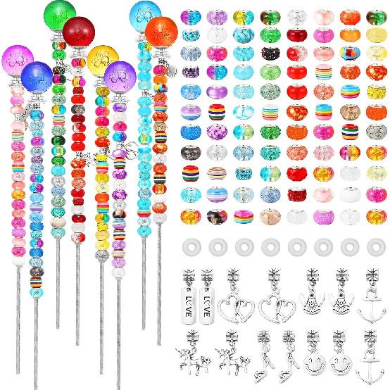 Chunful 176 Pcs Garden Stakes Fairy Wand Garden Stakes with Crystal Stopper Top Beaded Round Glass Bead Antique Silver Bail Beads with Pendant Silver