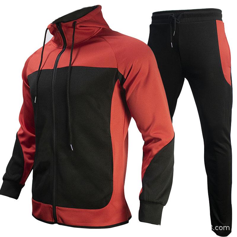 Men's Autumn-Winter Hooded Color-blocked Casual Sportswear Long Sleeve Sweatshirt and Loose Pants Outdoor Jogger Cargo Suit