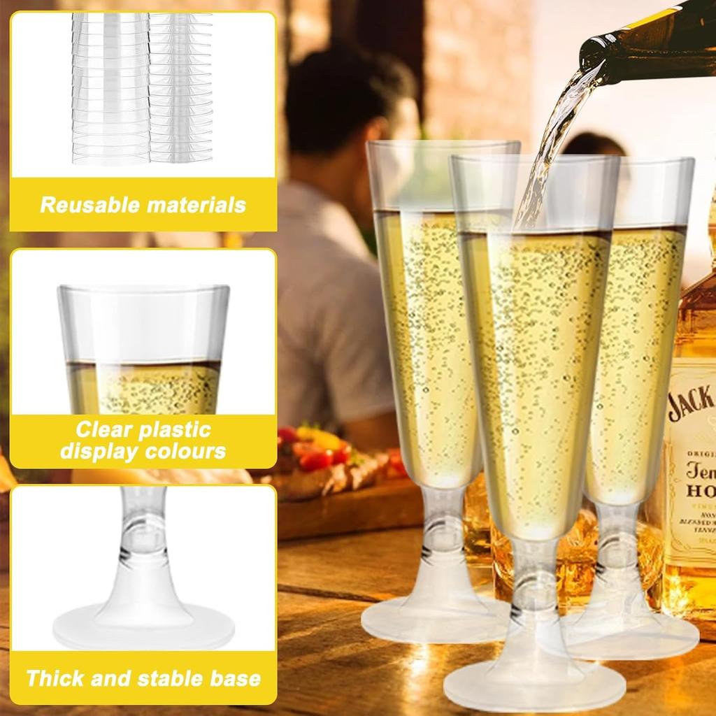 25Pcs Transparent Plastic Champagne Flutes, 150ml / 5oz Reusable Premium Cocktail Glasses, Clear Stemmed Prosecco Glasses, Elegant Party