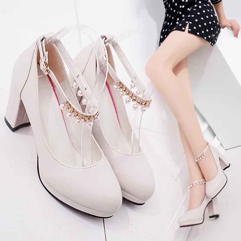 White Black Women Wedding Shoes Crystal Preal Ankle Strap Bridal Shoe Woman Dress Shoes Seay Pumps Sweet Party Shoe