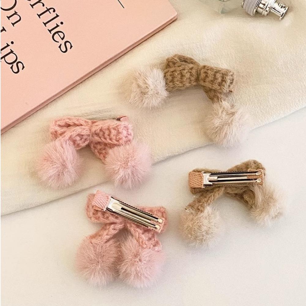 Cute pink bow hairpin side bangs clip duck bill clip sweet knitted hairball autumn and winter hair accessories
