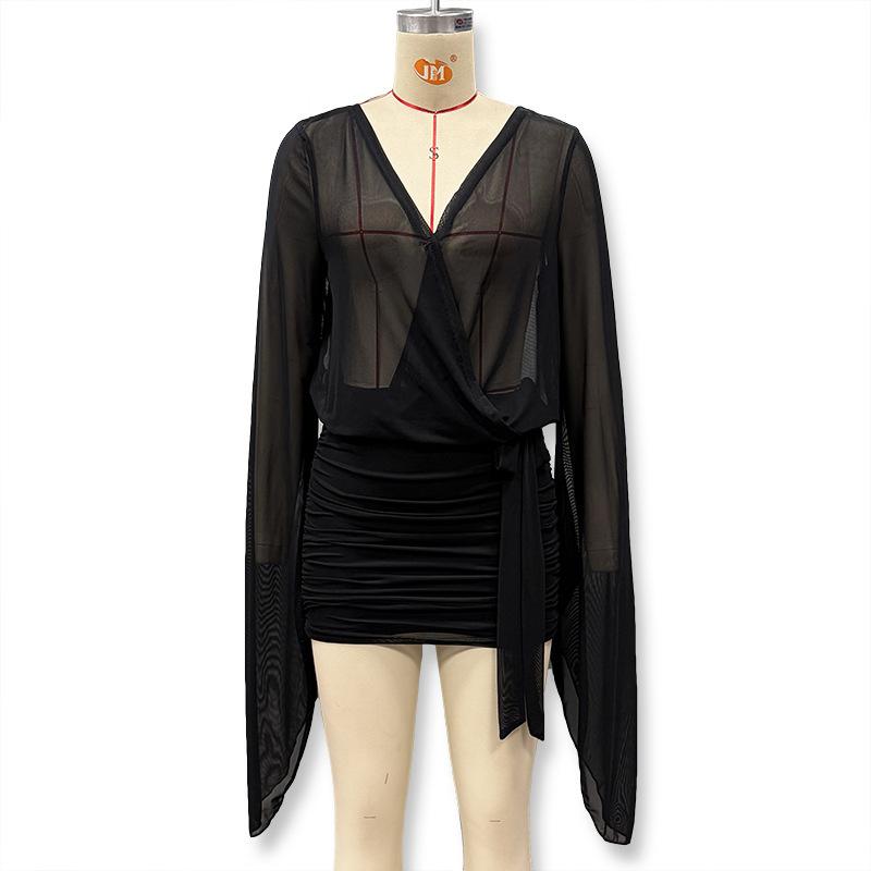 

European and American style new women s clothing sexy deep V perspective backless strap short Spice Girl hip dress L коричневий