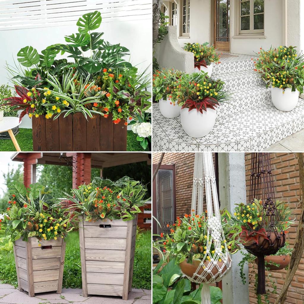 18 Bundles Outdoor Artificial Plants UV Resistant Fake Greenery Stems Faux Shrubs for Outside Porch Patio Garden Window Decor