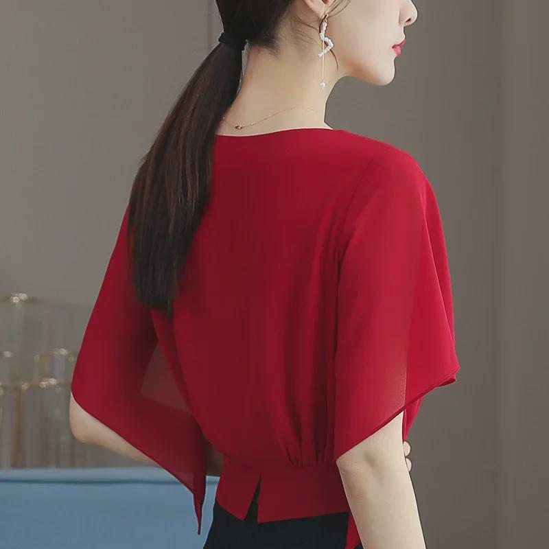 2023 Summer Women's Batwing Sleeve Chiffon Shirt - Short Sleeve Fashion Slim Fit Top
