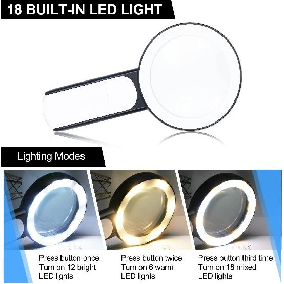 Magnifying Glass 18 LED Lights 30X Double Glass 3 Modes High Power Lens Handheld Illuminated Magnifier Reading Tool