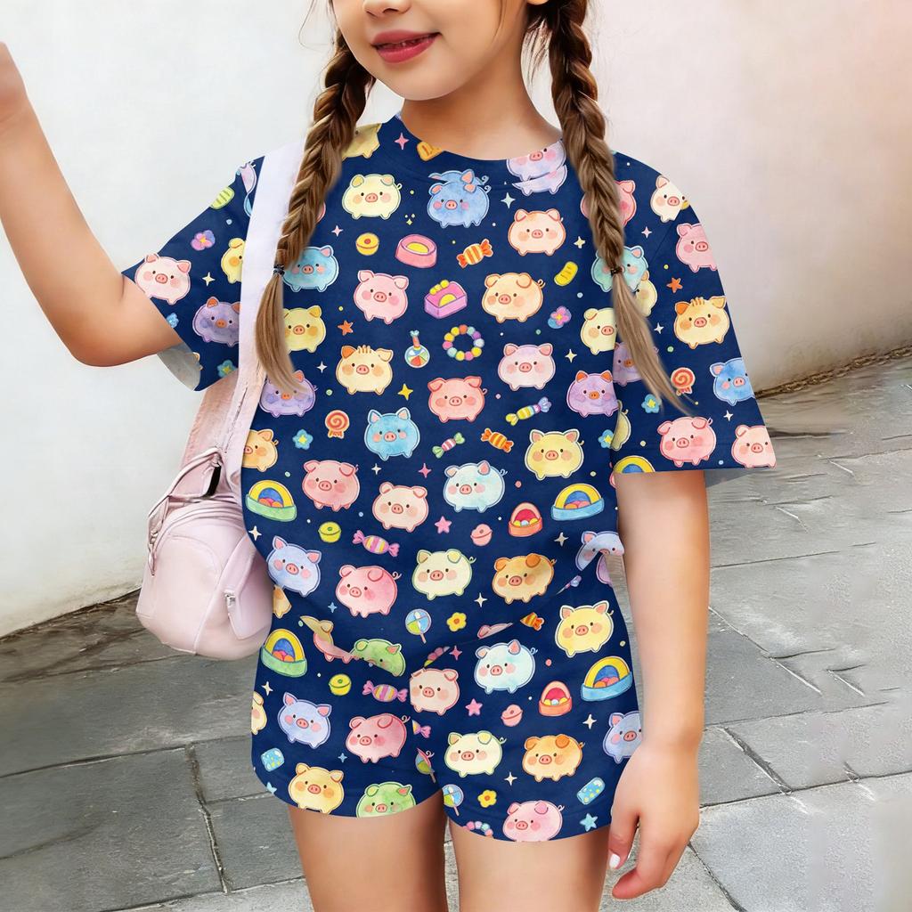 Kids Casual Short Sleeve Top and Shorts Set Lightweight Soft Fabric Animal Print Summer Outfit for Toddlers and Children