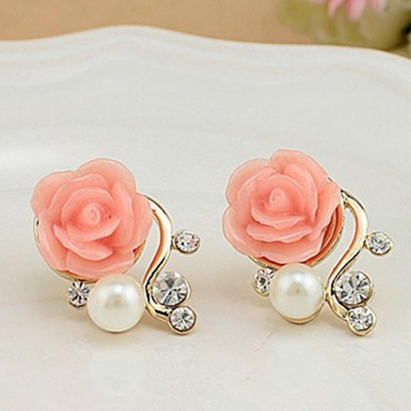 Koreanische Mode Rose Blume Harz Rose Ohrringe Neue Koreanische Damen Imitationsperle Kristall Ohrringe Großhandel Damen Zirkon