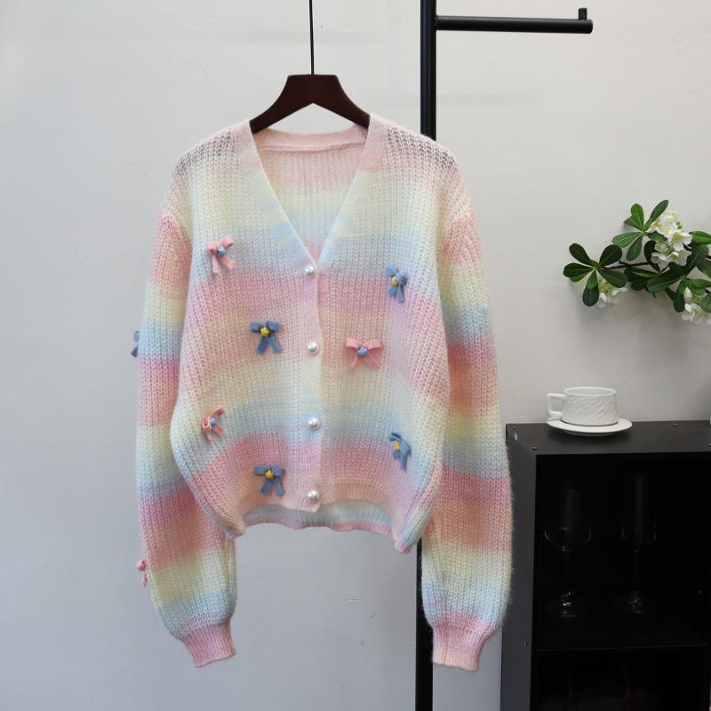 

Радужная куртка-свитер осень и зима новая свободная короткая бант сладкий ветер вязаный кардиган женский one size fits all розовый