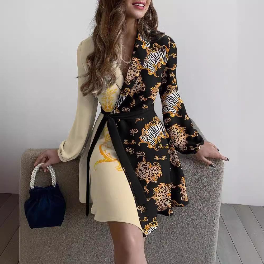 Autumn Women's Rose Floral Printed Lapel Long Sleeve Dresses