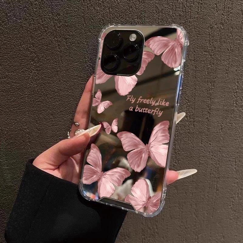 Pink Butterfly Mirror Phone Case For Samsung Galaxy A06 A14 A23 A36 A52 A55 A56 S25 S24 S23 S22 S21 Ultra Plus FE Silicone Cover