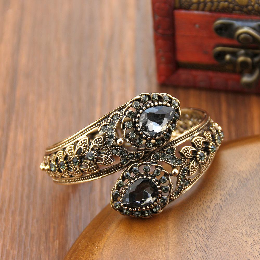 Sunspicems Elegancka Turecka Bransoletka Damska Szary Kryształ Bangle Bohemia Kolor Starego Złota Pusta Kwiatowa Biżuteria Indyjska Prezent dla Panny Młodej