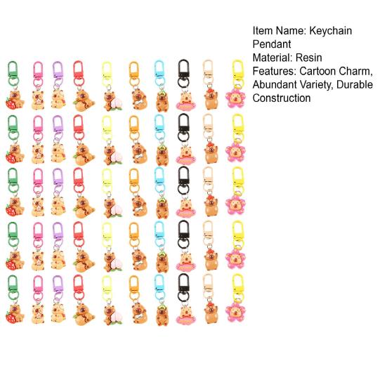 24/50Pcs Capybara Keychains Set Cartoon Resin Doll Charm Keychains Metal Key Ring