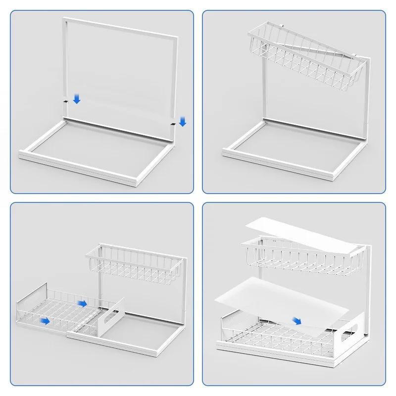 Sink 2 Tier Sliding Cabinet Basket Organizer Drawer Multi-Purpose Kitchen Bathroom Storage Rack Desktop Organization Spice Rack