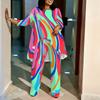 Women Plus Size Round Neck Three Quarter Sleeve Printed Irregular Hem Top Wide Leg Pants Two Piece Lounge Outfit