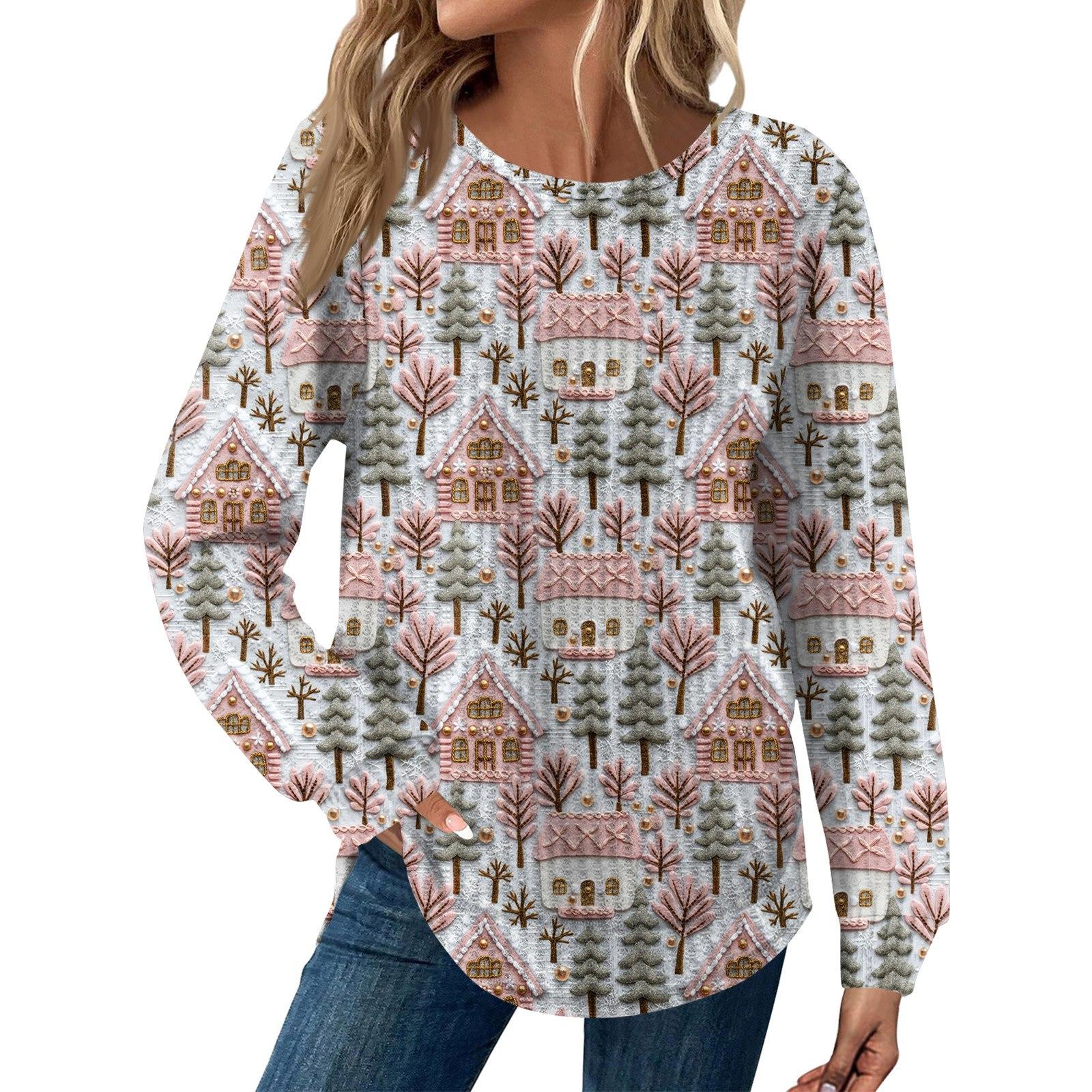 

Женская мода Рождественский свободный топ с длинным рукавом и круглым вырезом S