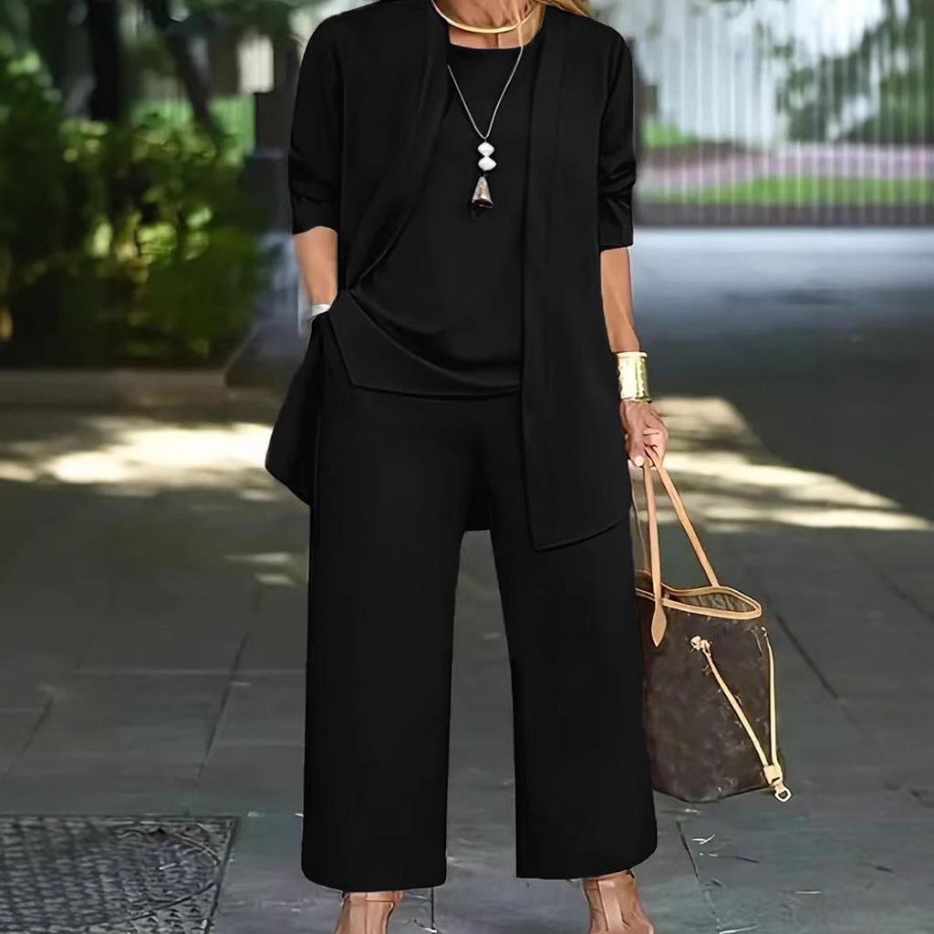 European-American Casual Autumn/Winter Solid Color Three-Piece Set: Long Pants, Long-Sleeved Cardigan, and Vest for Women