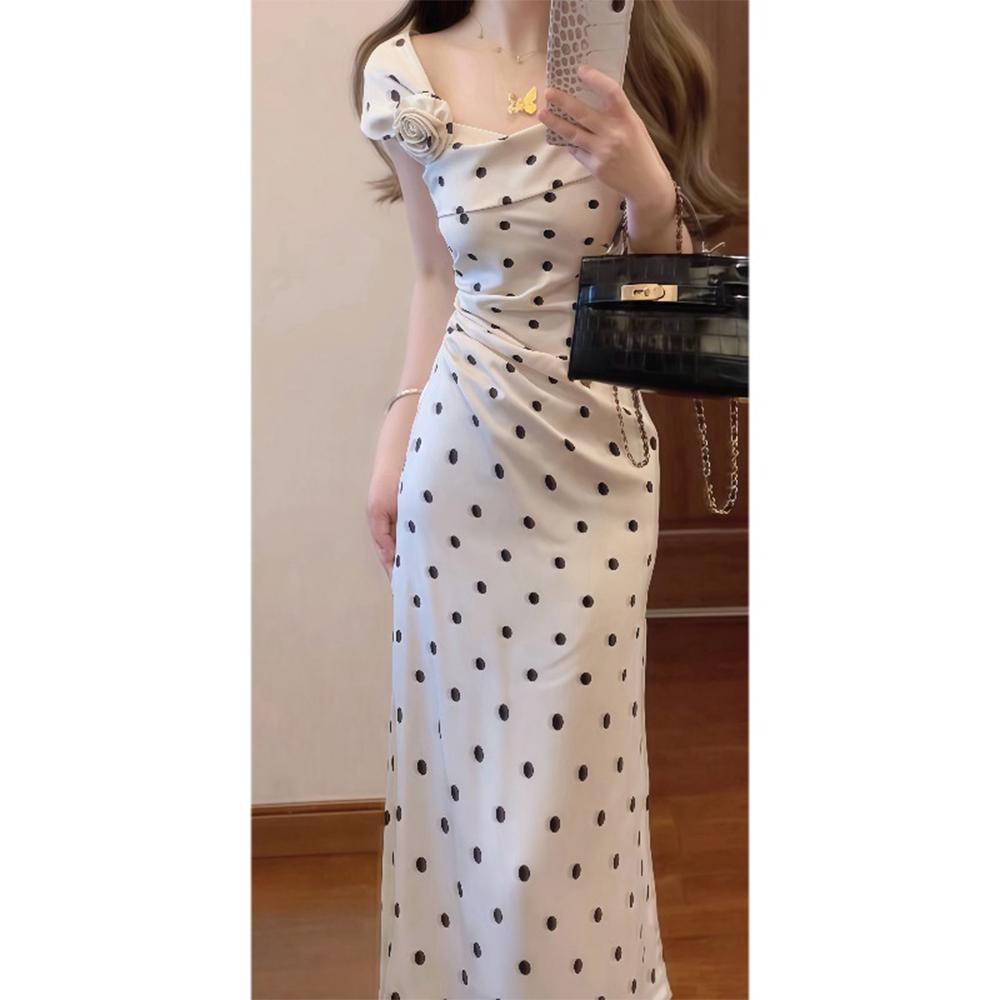 French Retro Women's Summer New Temperament Waist Slim Long Skirt Polka Dot Suspender Dress Elegant Fashion Women