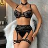 Erotic Lingerie Women's Large Mesh Hollowed Out Splicing Cross Chest Patch Metal Chain Fun Lingerie Three Piece Set