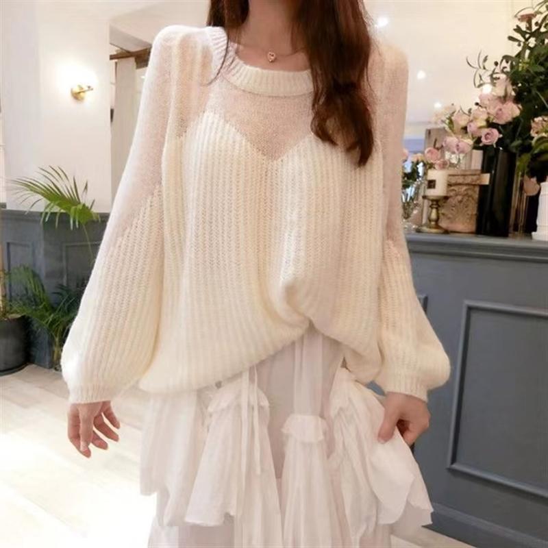 Fashion Knitted Pullover Loose Women Sweater Elegant Casual Simple Lantern Long Sleeve Tops Sweet Hollow Out Sweaters Autumn Woman Clothes