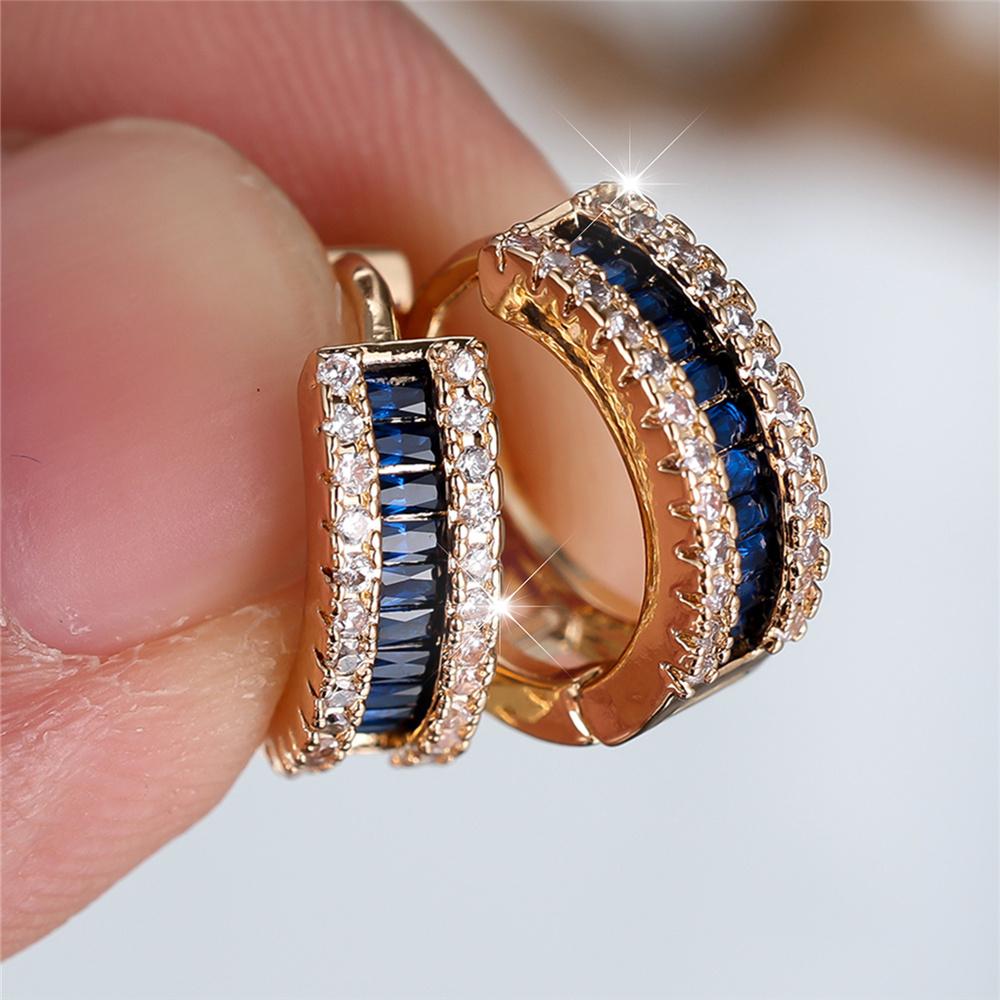 Cute Female White Blue Zircon Stone Round Hoop Earrings  Female Gold Color Wedding Jewelry For Women