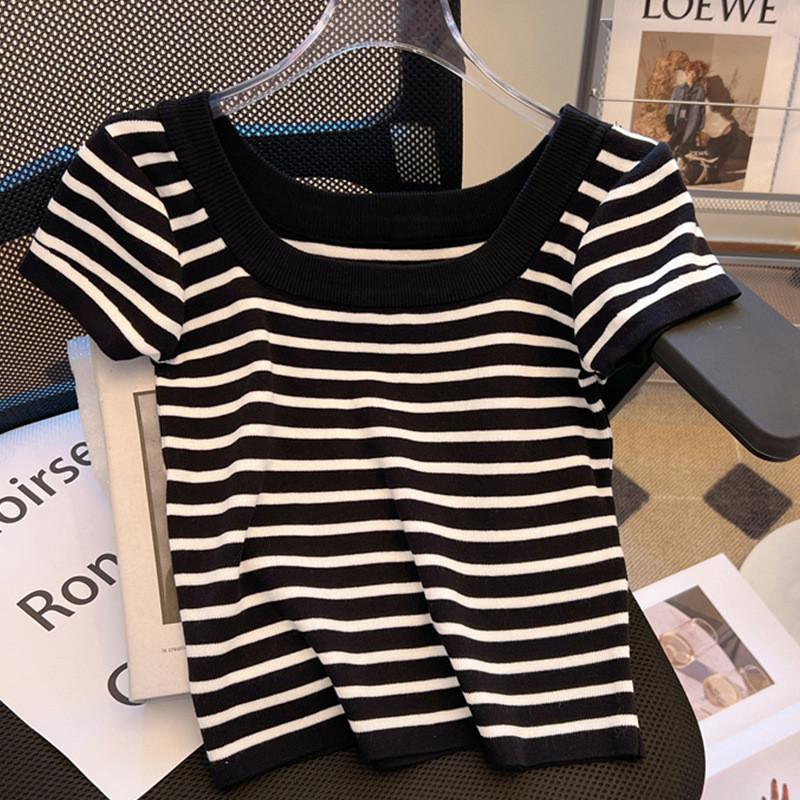 Black And White Striped Ice Silk Short Sleeve Tshirt For Women Summer Elegant Office Wear