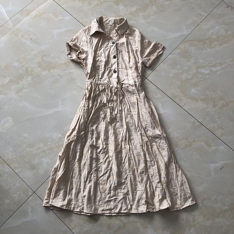 Cotton and Linen Shirt Dress Summer New Arrival Women's Flip + V-neck Buttons Pullover Short Sleeve Shoelace Waist Midi Dress 29071