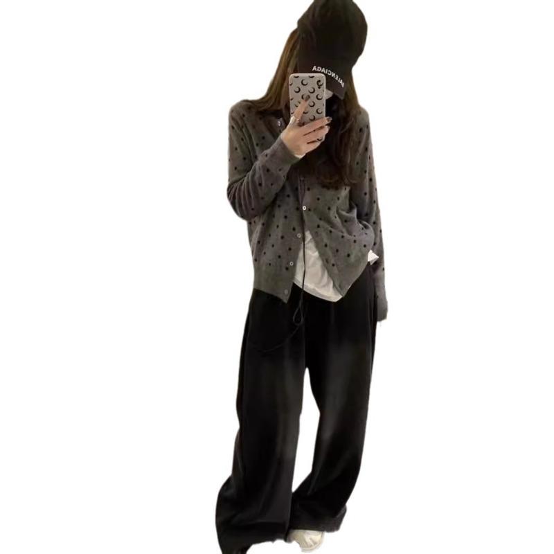 New Polka Dot Jacquard Crew Neck Single-breasted Loose Retro Small Cardigan Women's Long-sleeved Simple Casual Coat