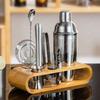 ·10-Piece Cocktail Shaker Set, Stainless Steel, European Style with Wooden Base