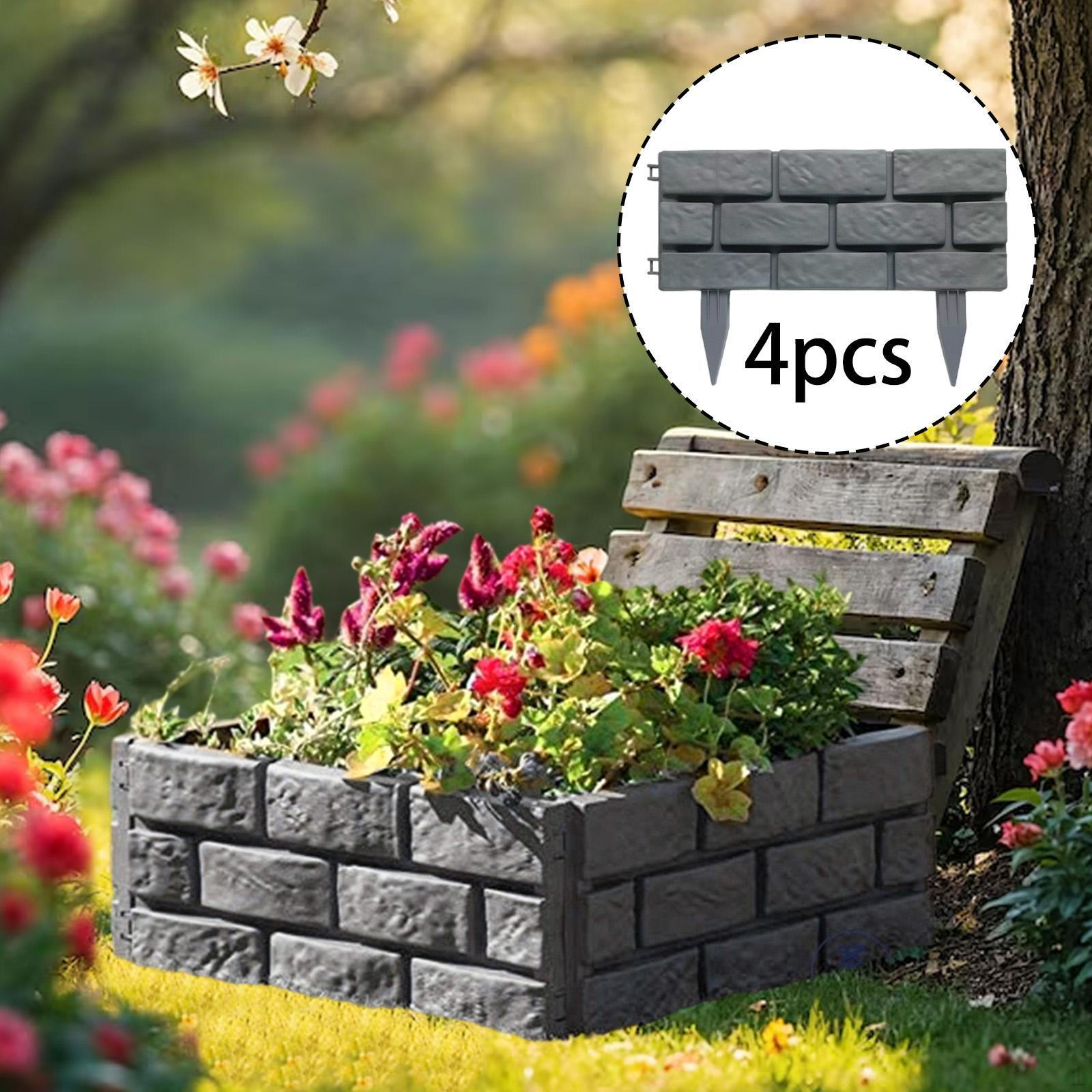 

4 шт. Садовый бордюр из искусственного камня с опорными колышками для цветников серый