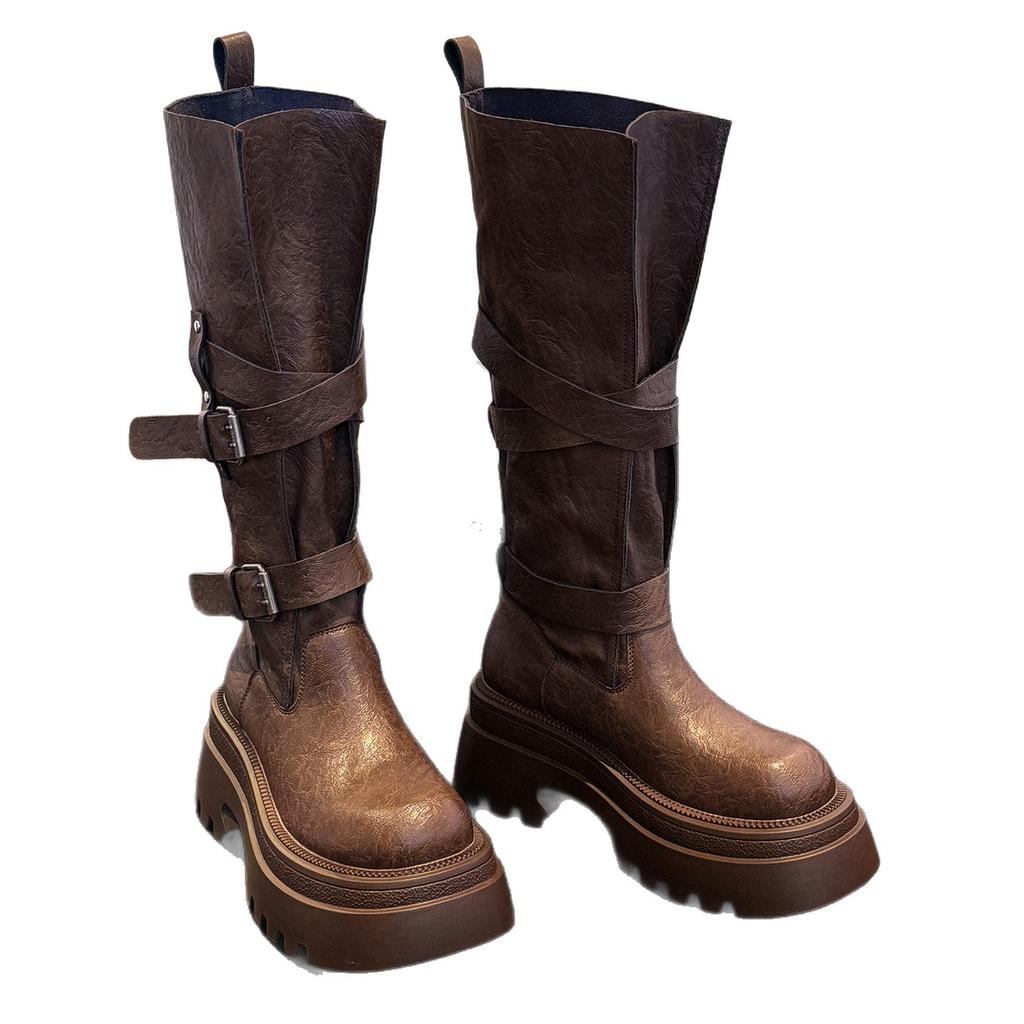 Yueyu But Knee Boots Women's 2025 New Autumn Temperament Super Fire Retro Versatile Belt Buckle Boots Women
