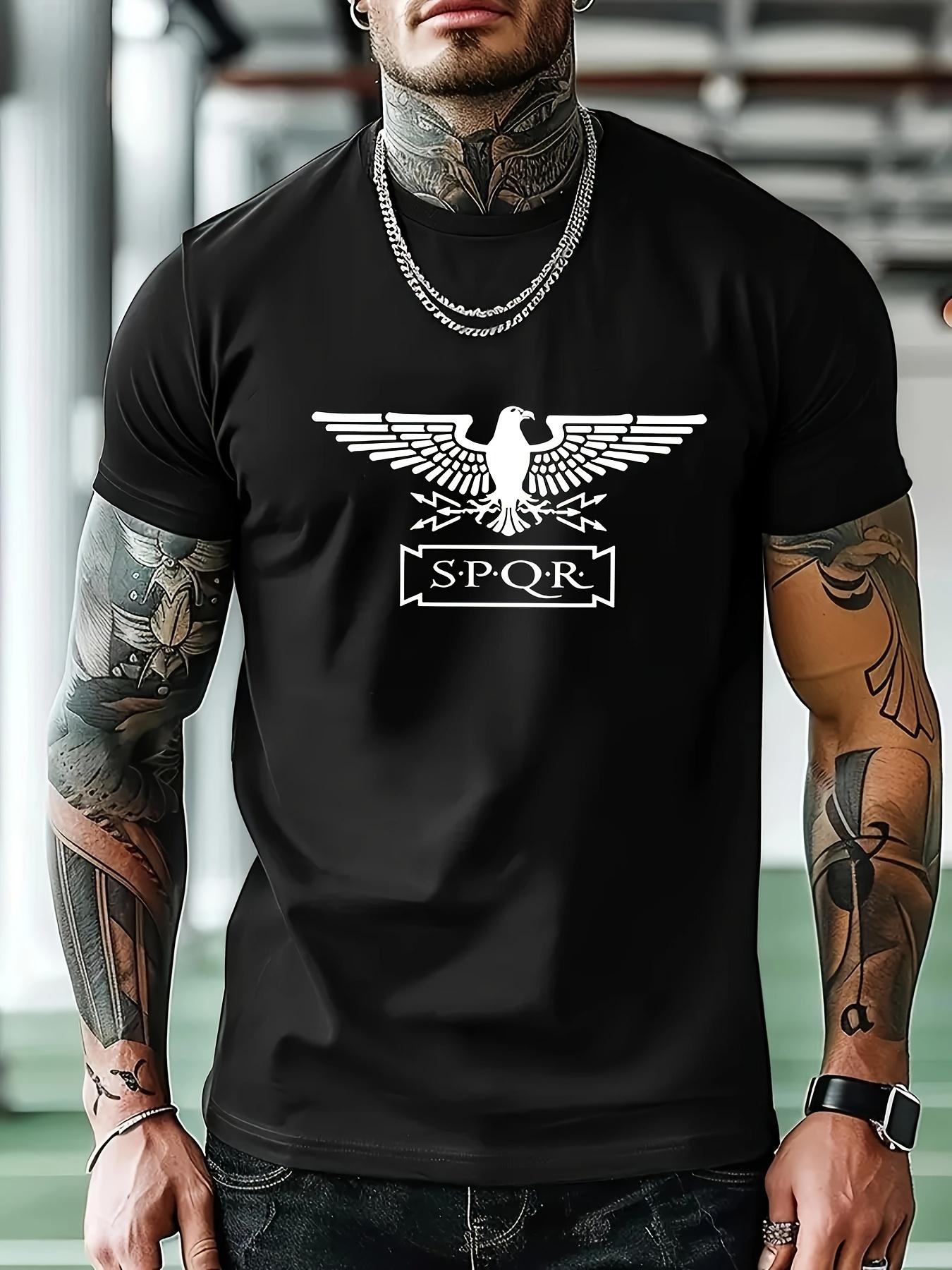 Navy Blue Graphic T-shirt with Eagle & SPQR Print - Casual Short Sleeve Crew Neck XL