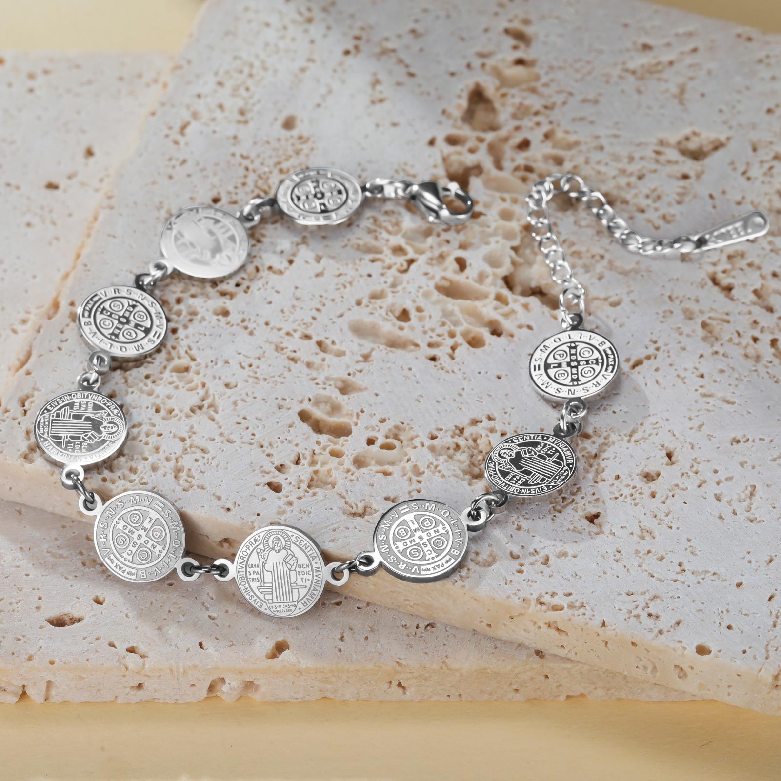

LIKGREAT St Benedict Medal CPSB Bracelet for Women Men Crucifix Protection Catholic Religious Jewelry Gift Stainless Steel Chain