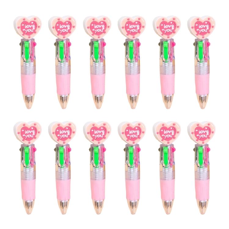 12Pcs Heart Shape Multicolored Pen 4-Color-in-1 Ballpoint Pen for Daily Note Taking Drawing and Classroom Exchange Gift