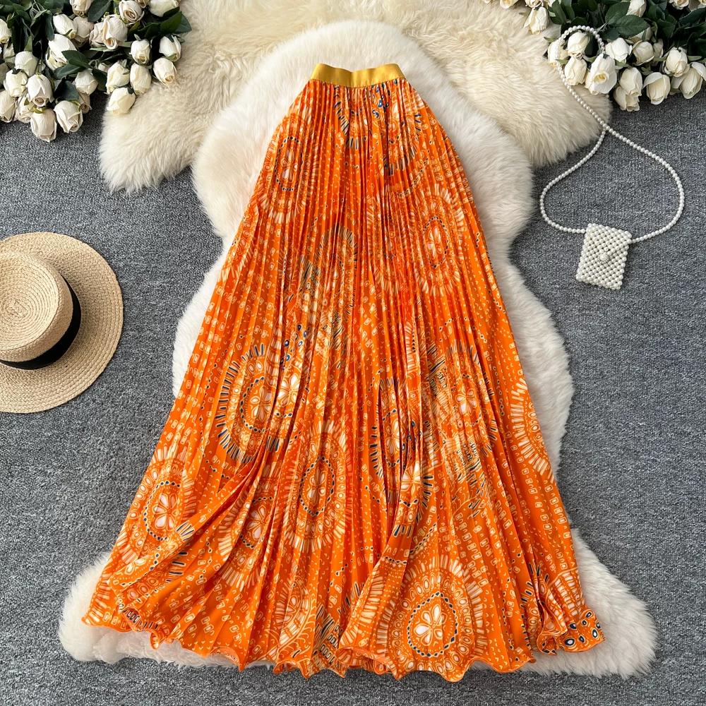 Spring Summer Women Elegant Print Elastic Waist Long Maxi Holiday Beach Pleated Skirt Only Have One Size