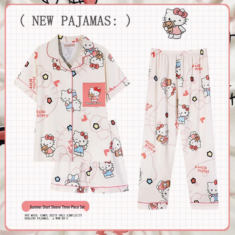 Pastoral Women's Pajama Set: Soft, Cute Rabbit Design, Short-Sleeve, Casual Three-Piece Loungewear.