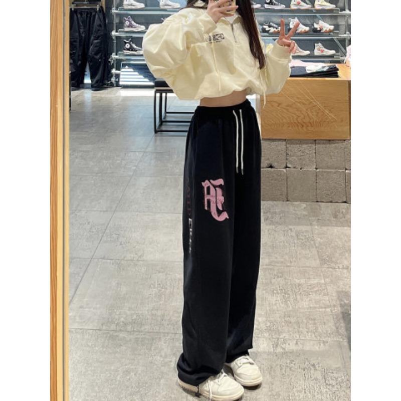 Cotton Large-size Printed Casual Sports Pants for Women In Autumn and Winter New Loose Design and Personality Dark Gray Straight Pants