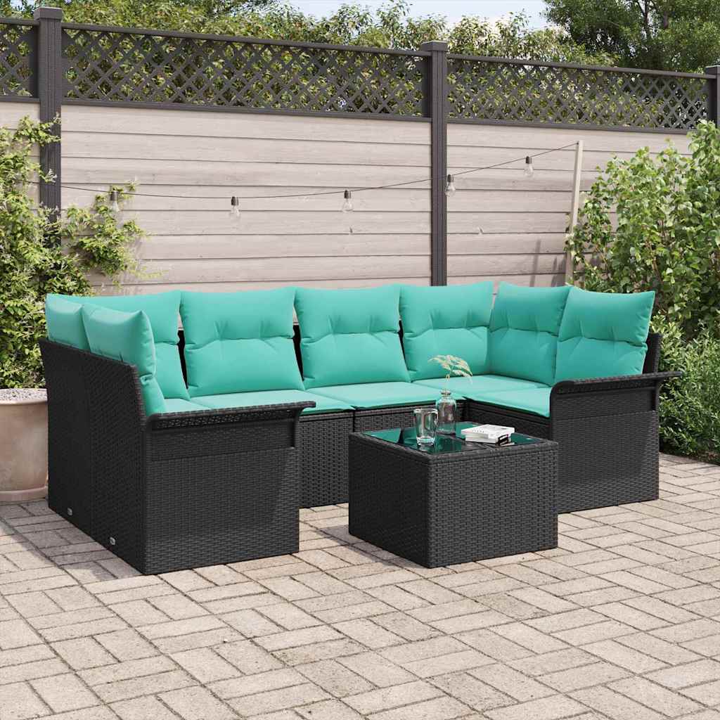 7 Piece Garden Sofa Set with Cushions Black and Turquoise Poly Rattan