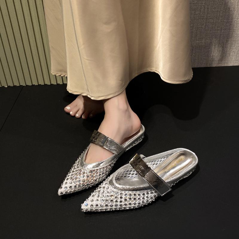 Summer Women Slippers 2025 New Rhinestone Leisure Slipper Retro Pointed Toe Metal Buckle Fashion Half Slipper Sandalias De Mujer