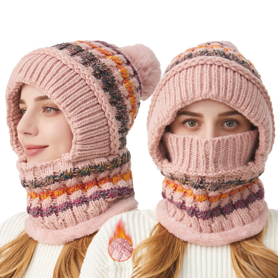 Thick Knitted Hat Scarf Mask One-Piece Hat Women's Winter Outdoor Velvet Warm Mask Scarf All-In-One Hat